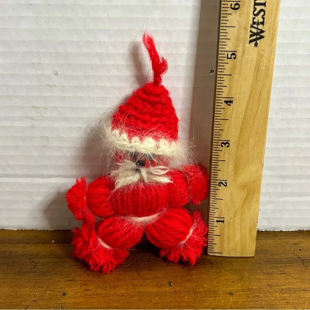 Vintage MCM Handmade Yarn Santa Claus Knitted Hat Red White 4” Plush ornament